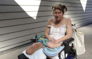 Marilyn Holsten outside VGH after completing one of her 5 day a week dialysis treatments, Vancouver, July 02. She is facing eviction due to her use of medical marijuana which she uses to combat ghost pain from her leg amputations.